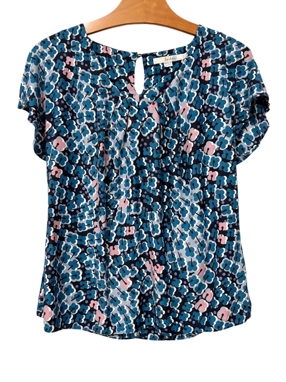 Boden Ravello Top Silk Blend V-Neck Short Sleeve Size US 8 Blue Abstract